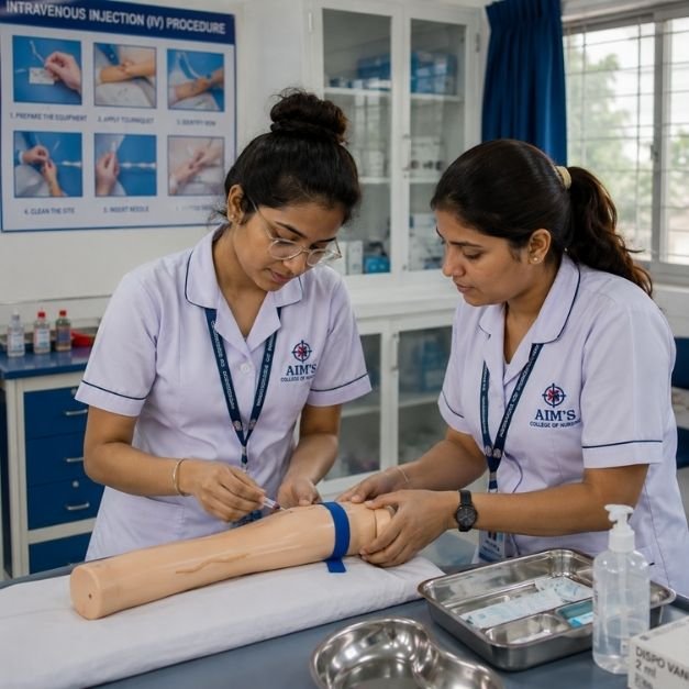 Nursing Students Practicing Intravenous Injection Procedure in Nursing Lab at AIMS College of Nursing in Nangloi Delhi