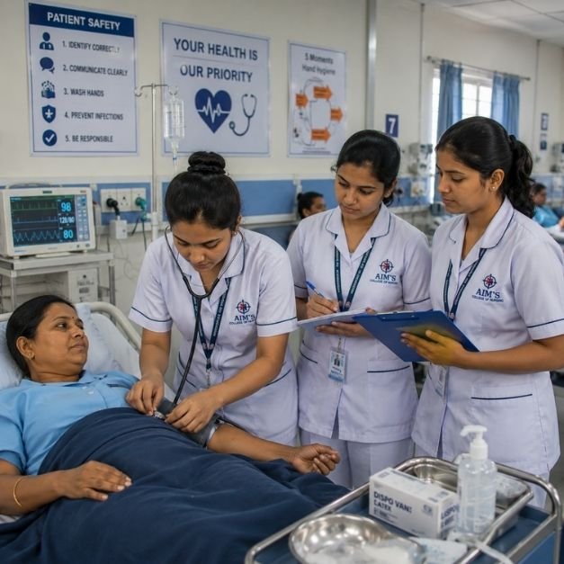 Nursing Students Providing Patient Care and Monitoring During Clinical Training at AIMS College of Nursing in Nangloi Delhi